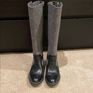 Gray and Black Over the Knee Boots with Smooth Leather and Felt Design